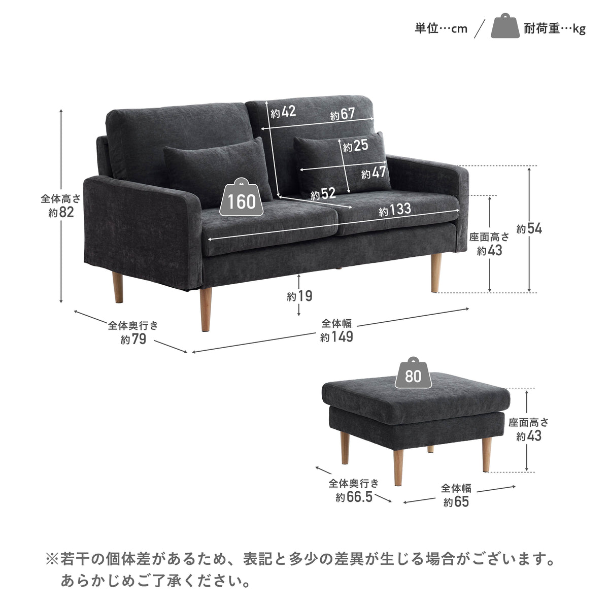 Etlid-2P ソファ サイズ図